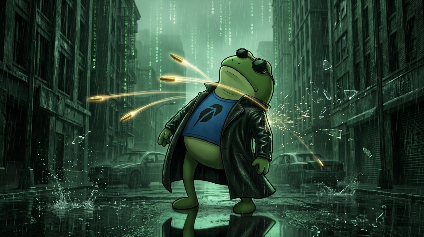 Frogecoin dodging bullets in a rainy city
