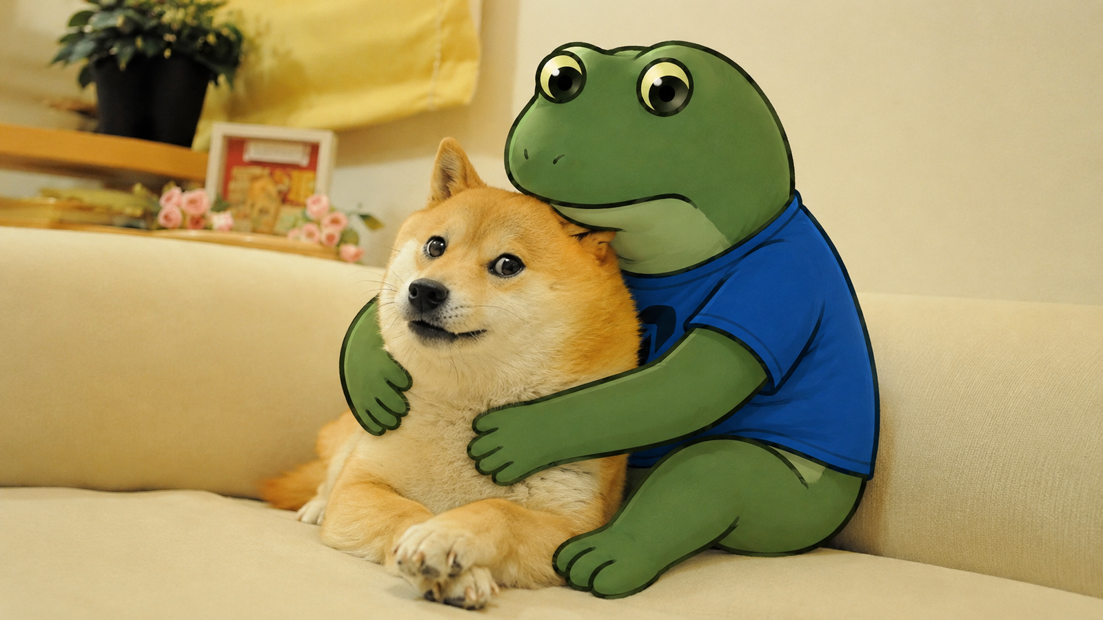 Frogecoin hugging Doge on a couch