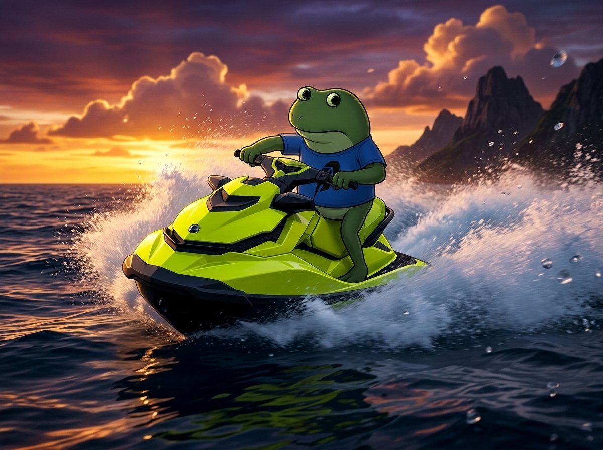Frogecoin riding a jet ski at sunset