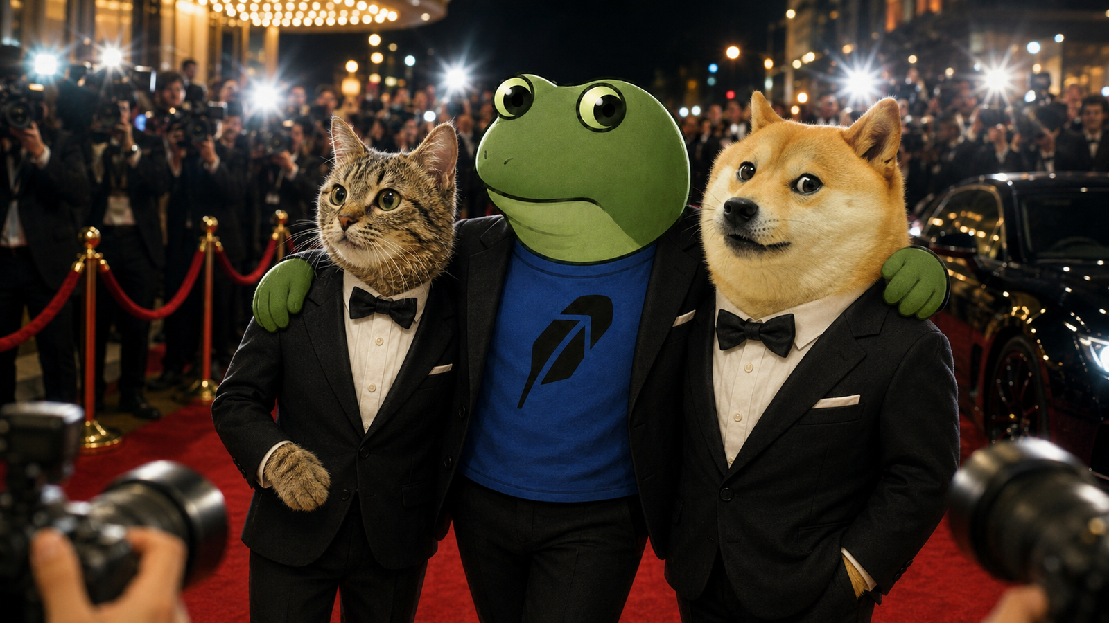 Frogecoin on a red carpet with meme friends