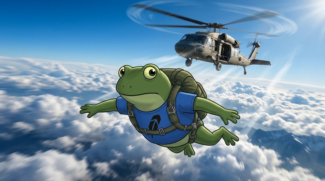 Frogecoin skydiving from a helicopter